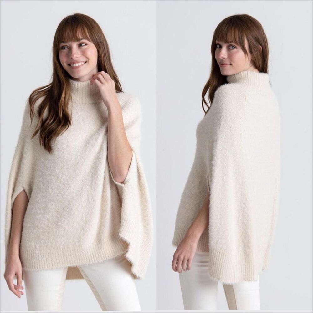 Mersea Chalet Poncho One Size Cream Mock Neck Eyelash Pockets Classic Timeless